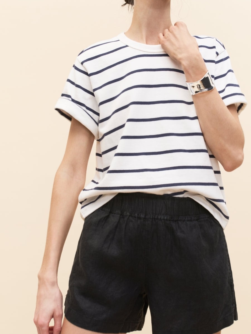 AYR The Practice Tee Dime Knit Tee Shirt - Expat White / Navy Blue - Large - Picture 9 of 11
